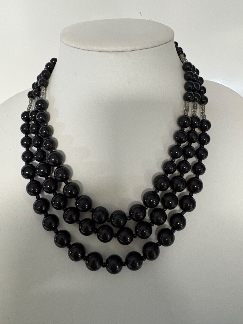 Black Triple-Strand Beaded Necklace Clear Seed Bead Accents